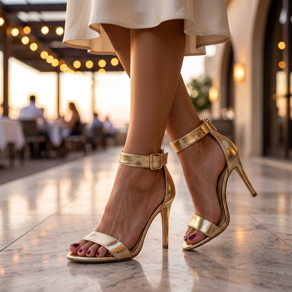 INC Sandals Women 9M Gold Snakeskin Embossed Ankle Strap Stiletto Heels Zipper